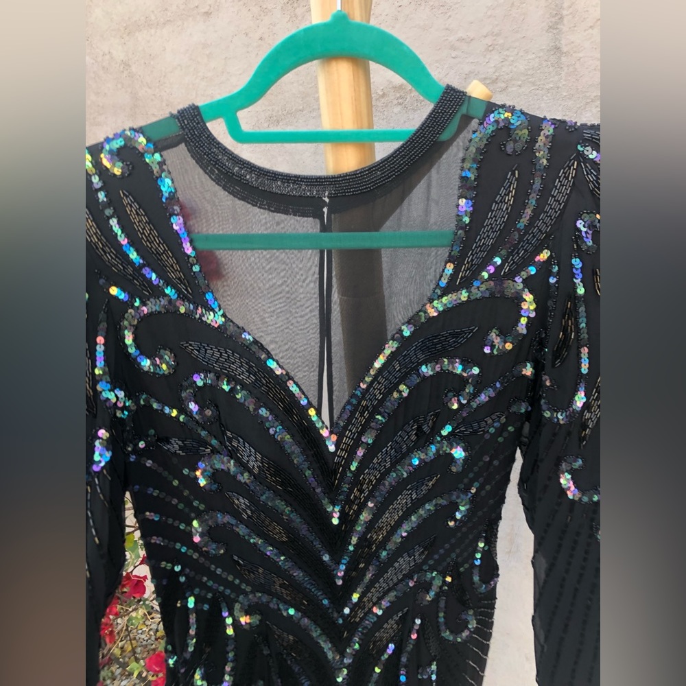 Vintage mesh sequin beaded silk mini dress with long sleeve holiday sparkle - Picture 15 of 16